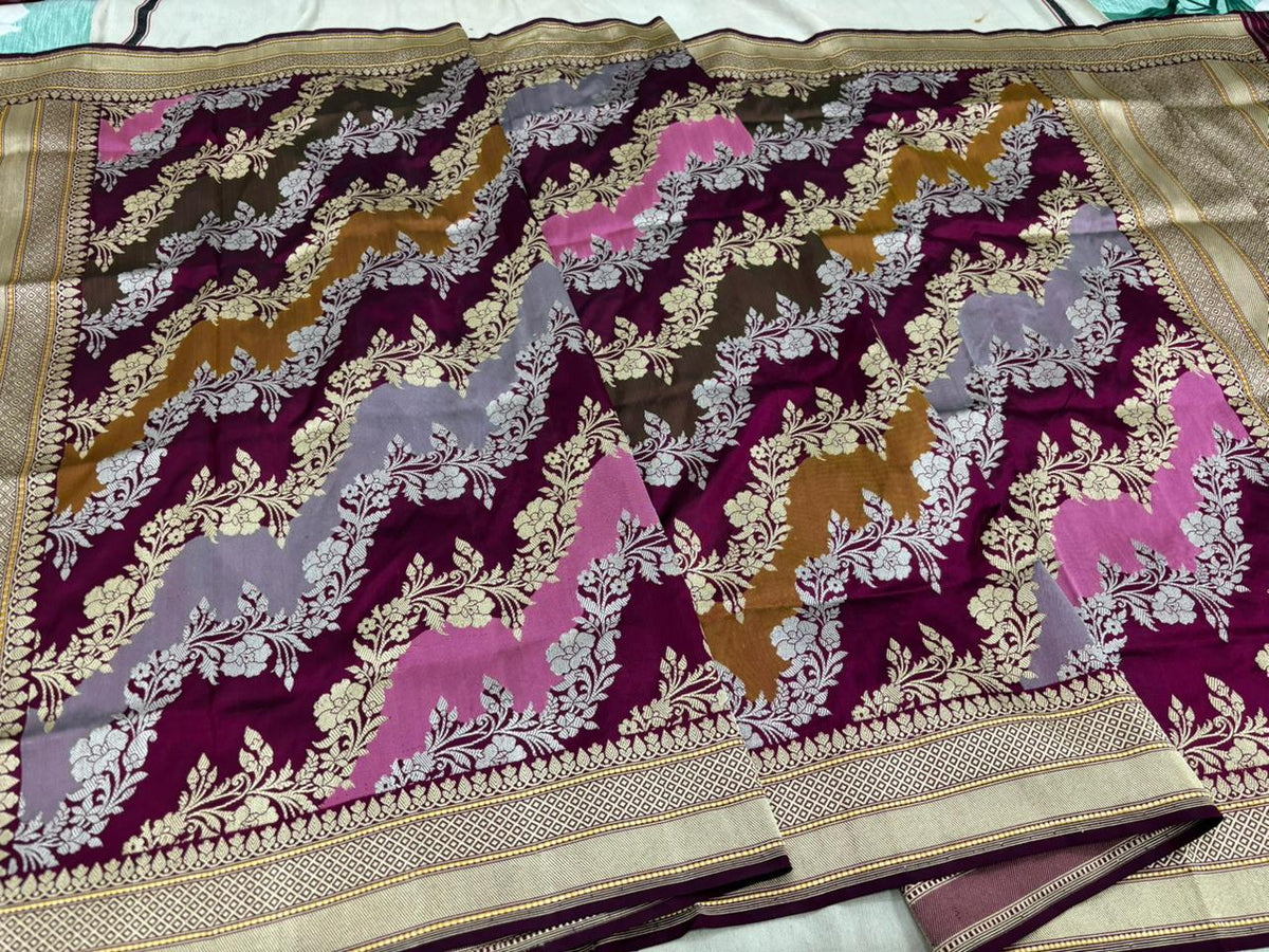 Royal Purple Handloom Pure Katan Silk Kadwa Weave Dupatta with Gold and Silver Floral Jaal