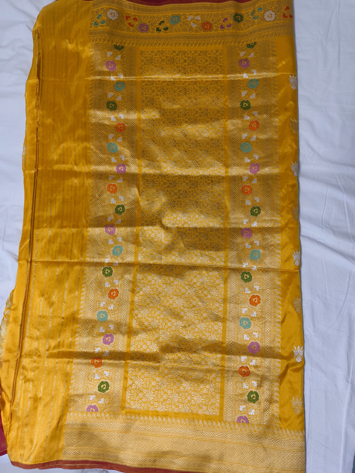 Mustard Yellow Pure Katan Silk Handloom Banarasi Saree with Sona Rupa Kadwa Buti and Meenakari Border - Rani Pink Blouse