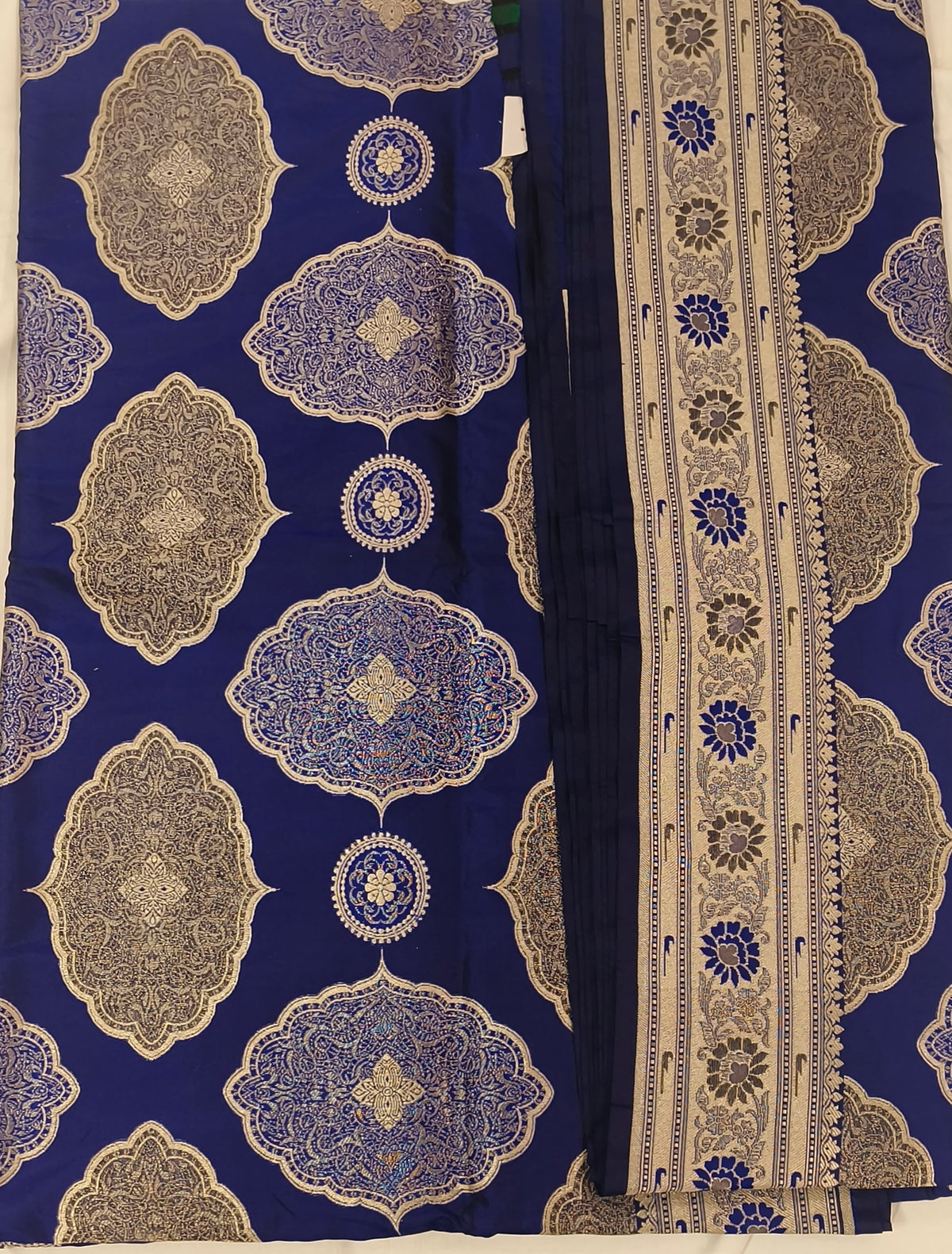 TANTVA Royal Indigo Pure Katan Silk Handloom Banarasi Saree with Large Scalloped Zari Jangla and Meenakari Border