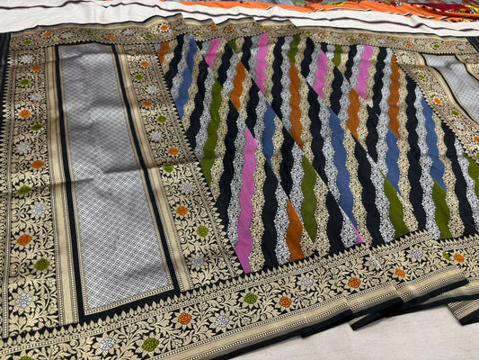 Multicolor Stripe Handloom Pure Katan Silk Kadwa Dupatta with Rich Silver Zari Pallu