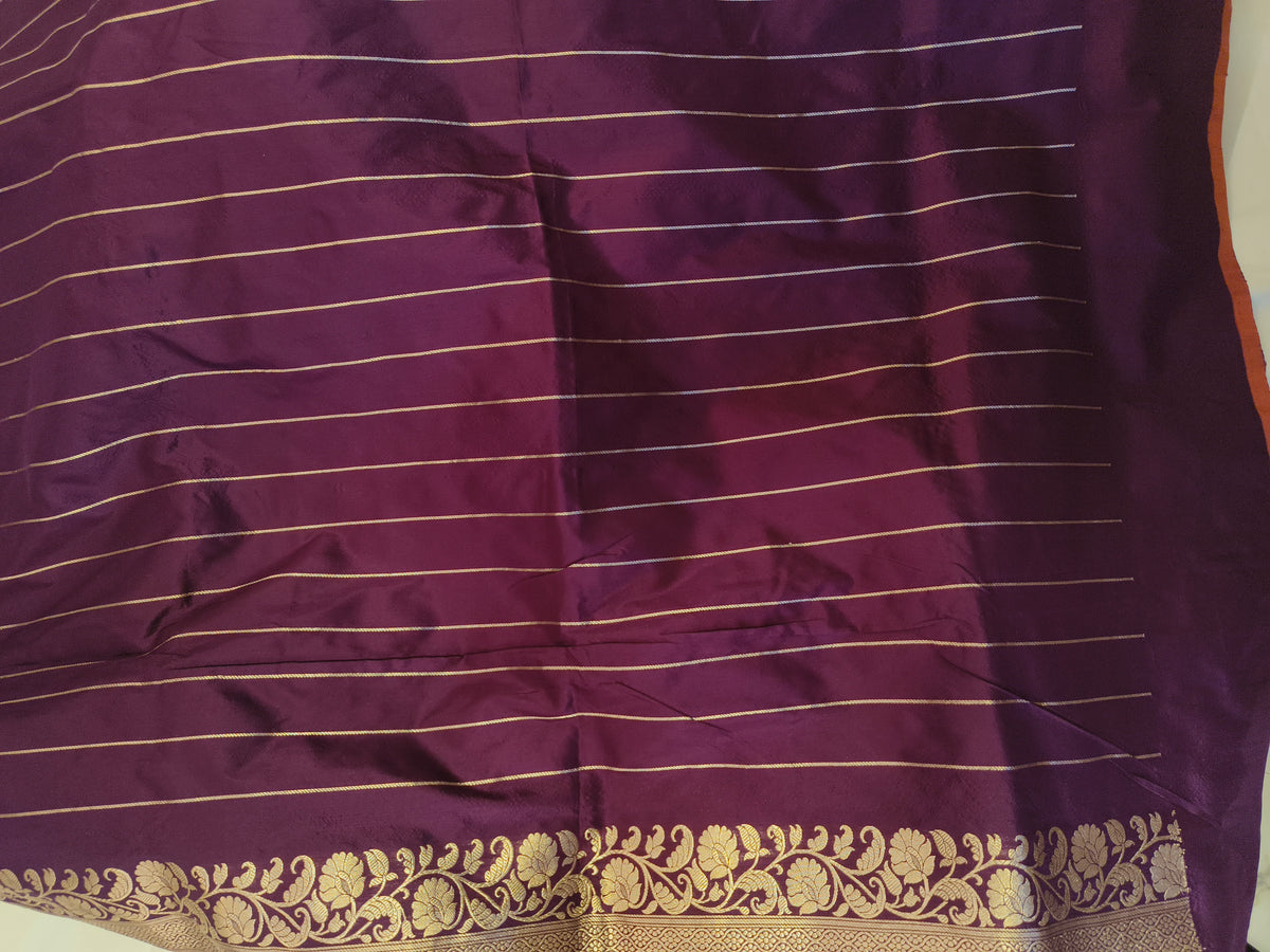 Wine Plum Pure Katan Silk Handloom Kadwa Meenakari Banarasi Saree with Heavy Brocade Pallu & Striped Blouse