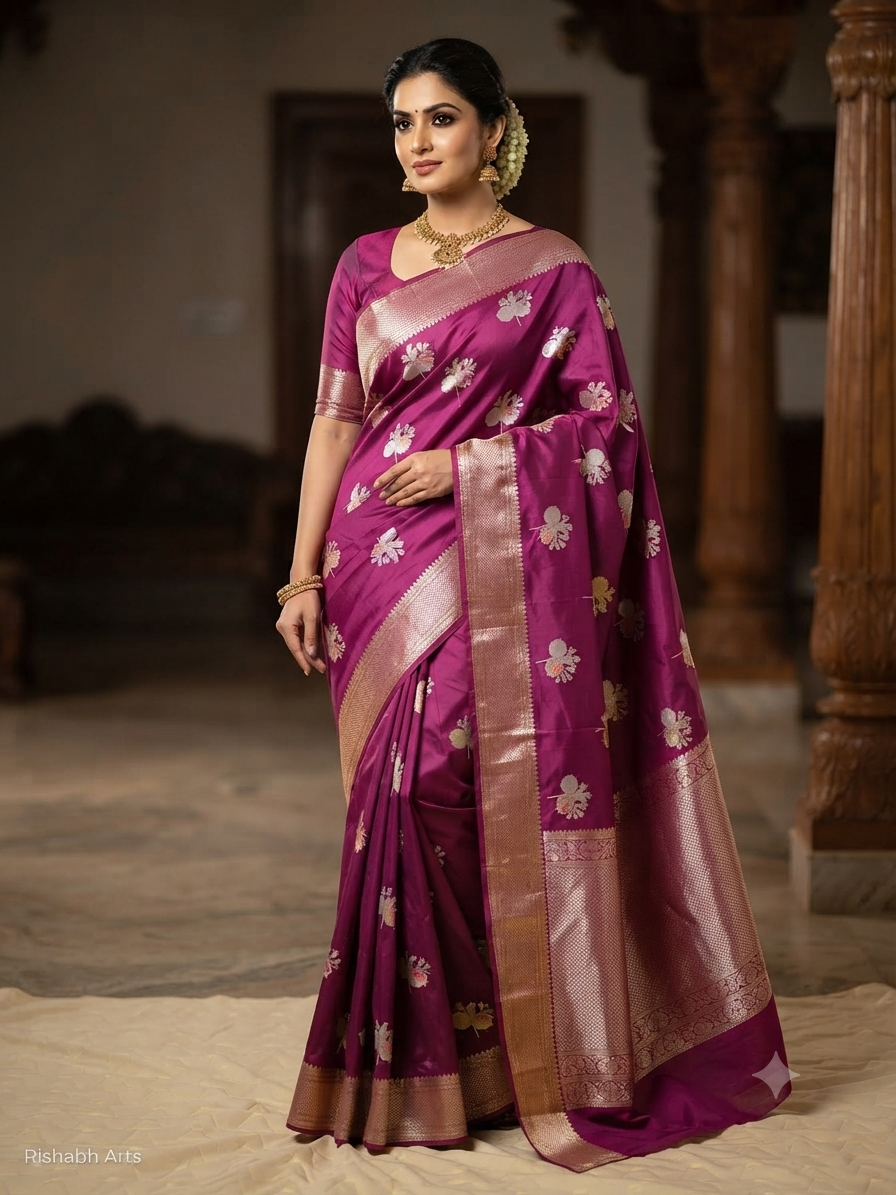 TANTVA - Jamuni Wine Pure Katan Silk Banarasi Handloom Saree | Anar Tota  Buta with Sona Rupa Zari