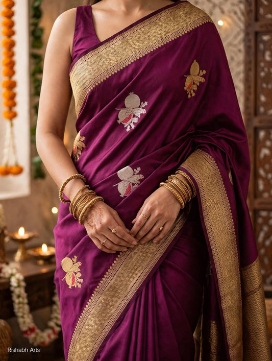TANTVA - Jamuni Wine Pure Katan Silk Banarasi Handloom Saree | Anar Tota  Buta with Sona Rupa Zari