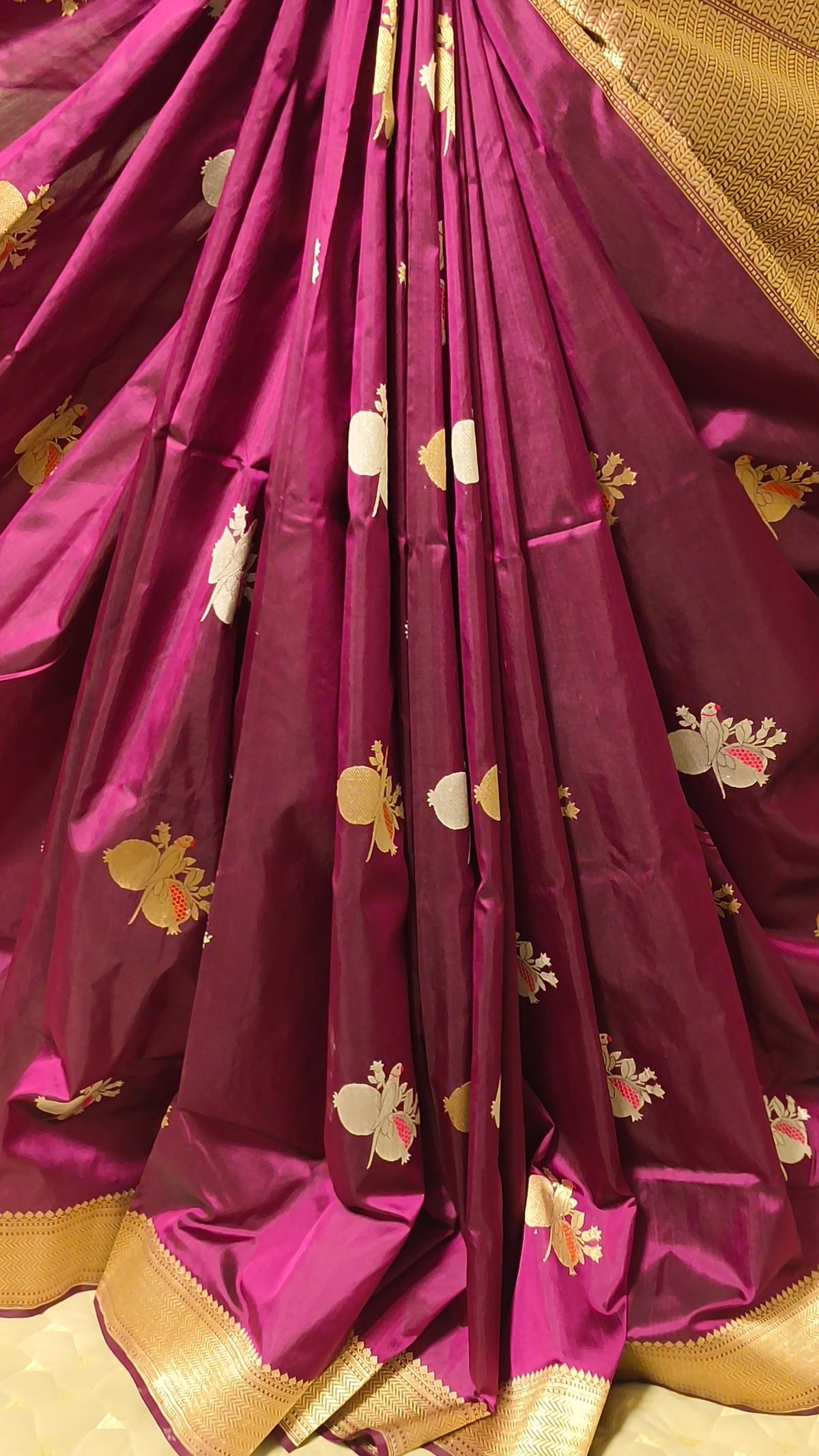 TANTVA - Jamuni Wine Pure Katan Silk Banarasi Handloom Saree | Anar Tota  Buta with Sona Rupa Zari