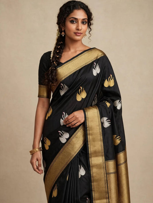 TANTVA - Black Pure Katan Silk  Handloom Banarasi Saree