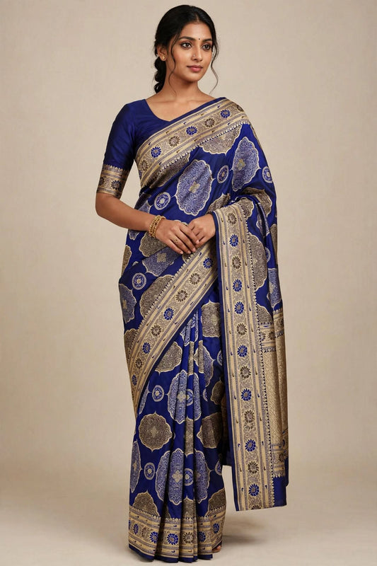 TANTVA Royal Indigo Pure Katan Silk Handloom Banarasi Saree with Large Scalloped Zari Jangla and Meenakari Border