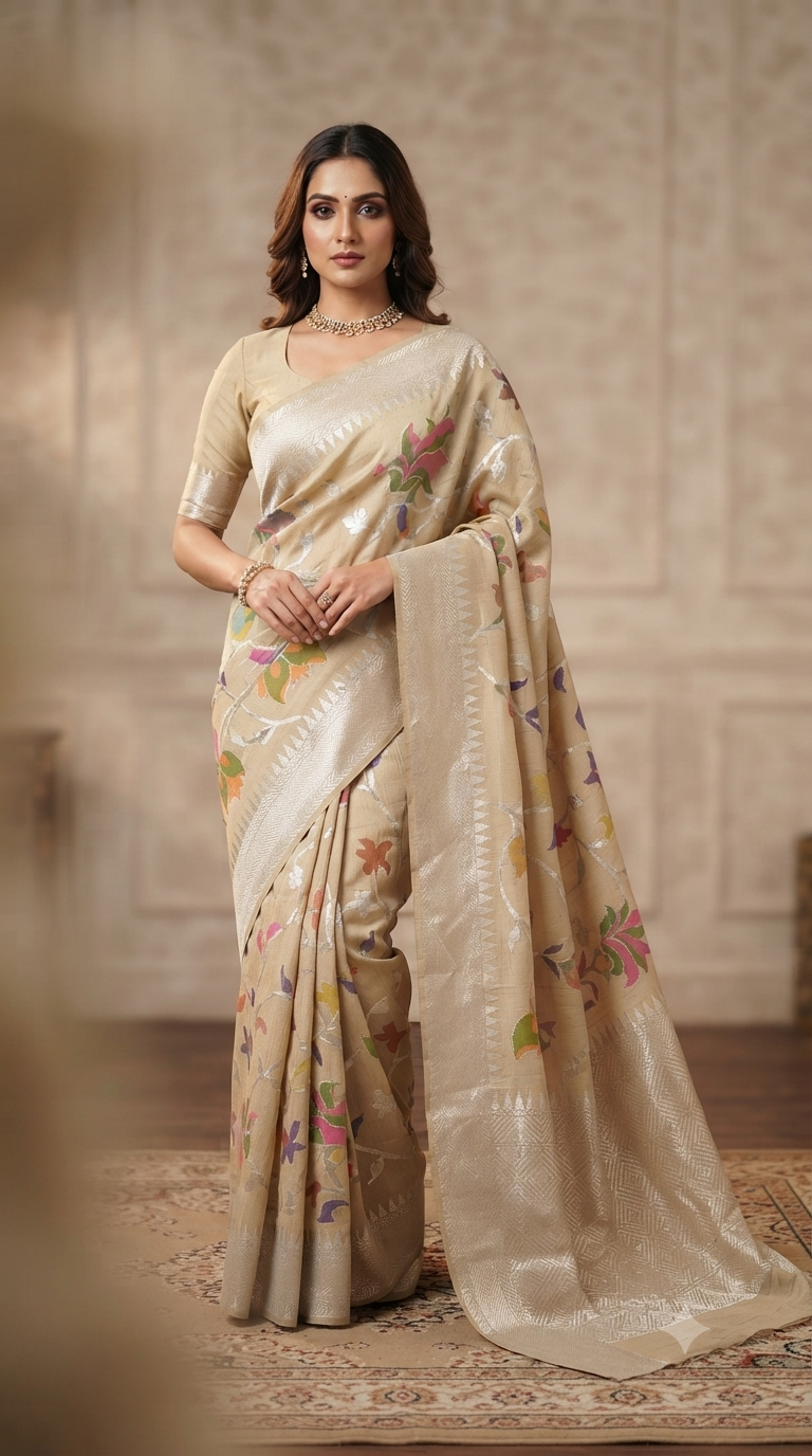 Tussar Georgette Banarasi Saree with Multicolour Floral Weave