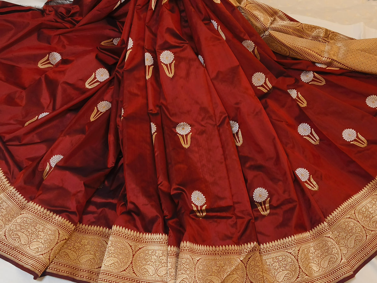 Pure Katan Silk Handloom Banarasi Saree - Deep Maroon Sona Rupa Booti with Rich Gold Zari Border & Pallu