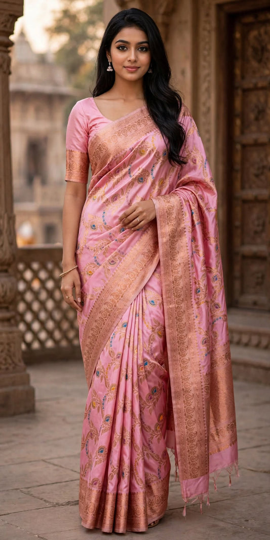 Blush Pink Handloom Katan Silk Saree with Kadwa Weave