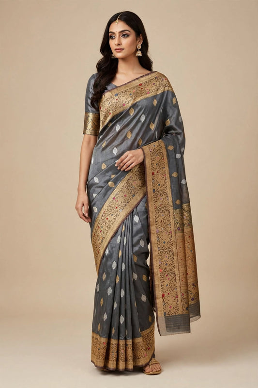 Slate Grey Pure Kora Katan Banarasi Handloom Saree with Sona Roopa Buti & Meenakari Border