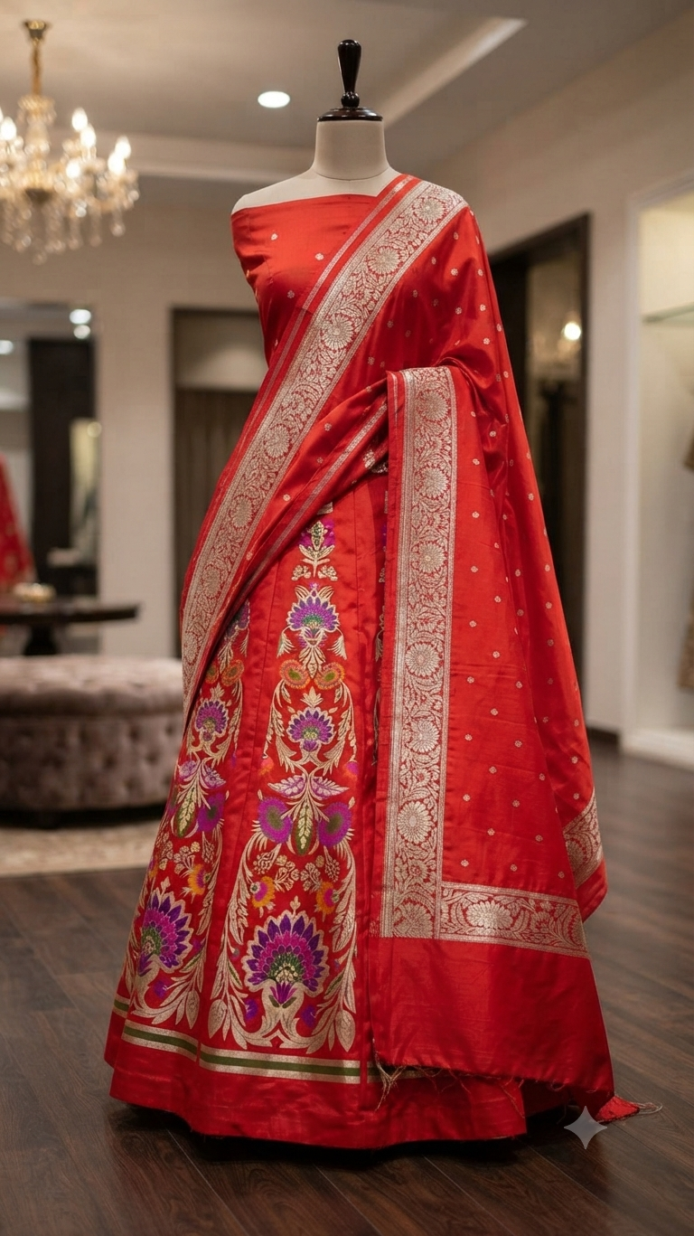 Crimson Red Pure Katan Silk Banarasi Lehenga Choli with Multicolored Floral Zari Motifs