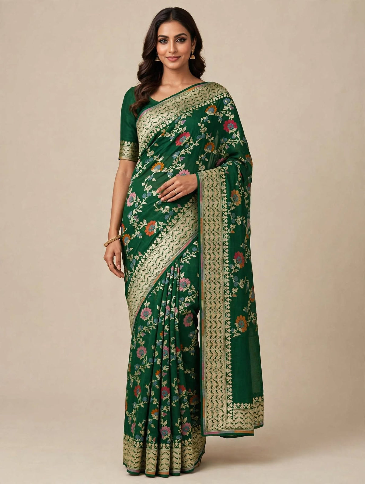 Emerald Green Pure Tussar Georgette Handloom Banarasi Saree with Multi-Meenakari Floral Jaal & Gold Zari Border | TANTVA