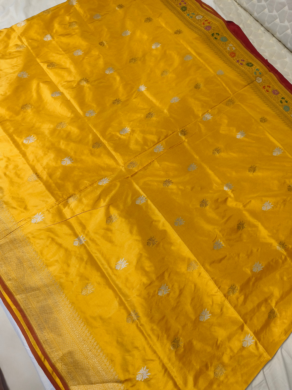 Mustard Yellow Pure Katan Silk Handloom Banarasi Saree with Sona Rupa Kadwa Buti and Meenakari Border - Rani Pink Blouse