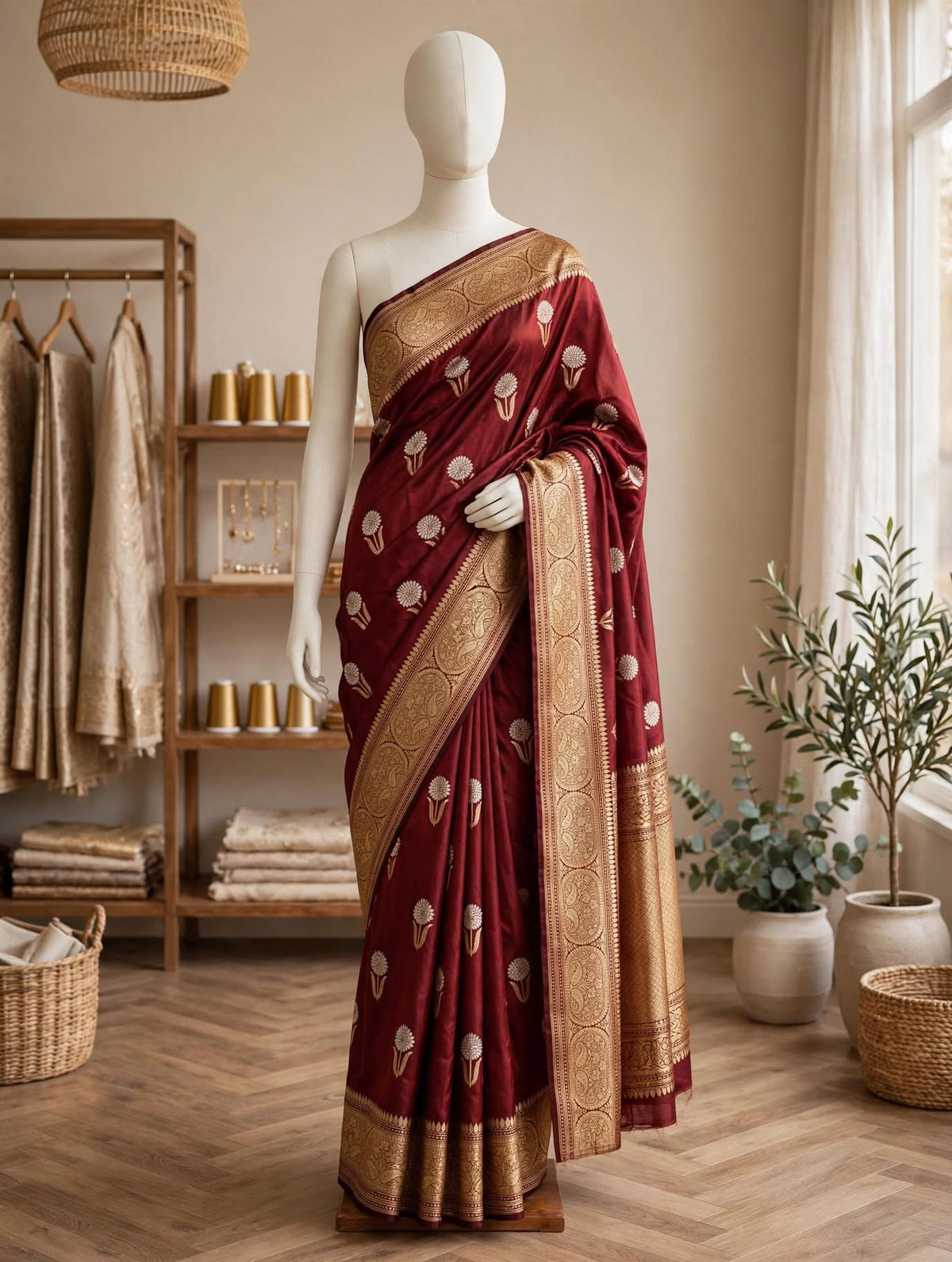 Pure Katan Silk Handloom Banarasi Saree - Deep Maroon Sona Rupa Booti with Rich Gold Zari Border & Pallu