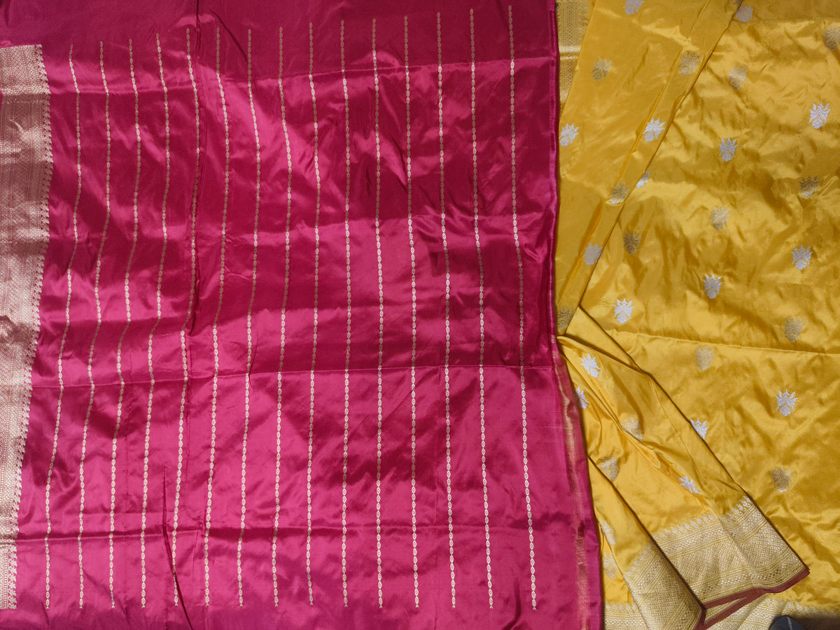 Mustard Yellow Pure Katan Silk Handloom Banarasi Saree with Sona Rupa Kadwa Buti and Meenakari Border - Rani Pink Blouse