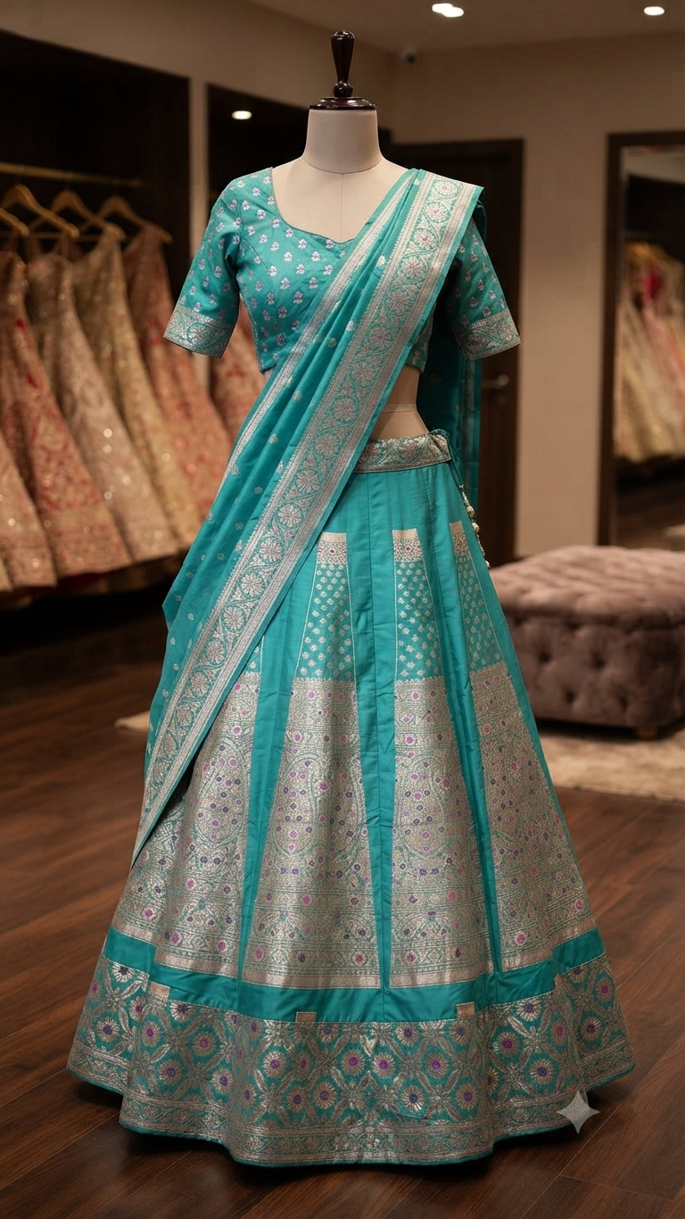 Teal Blue Pure Katan Silk Banarasi Lehenga Choli with Zari Woven Details
