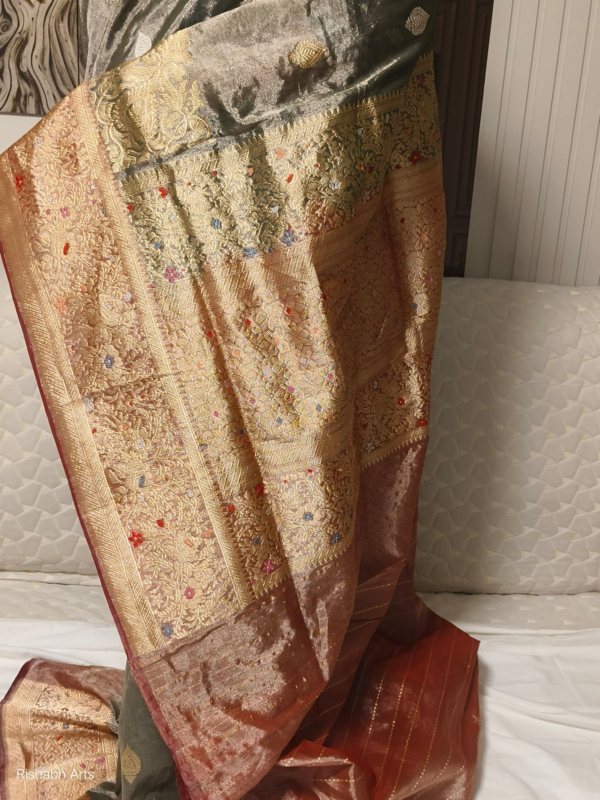 Slate Grey Pure Kora Katan Banarasi Handloom Saree with Sona Roopa Buti & Meenakari Border