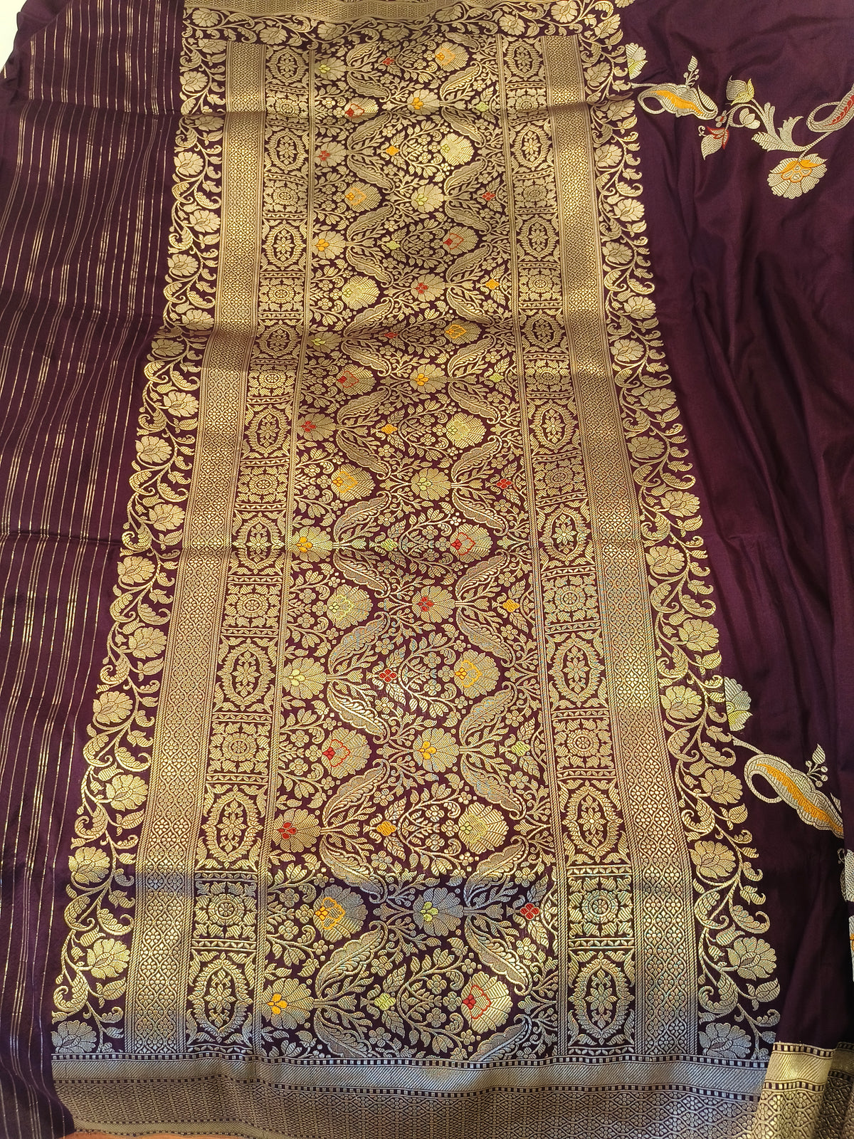 Wine Plum Pure Katan Silk Handloom Kadwa Meenakari Banarasi Saree with Heavy Brocade Pallu & Striped Blouse