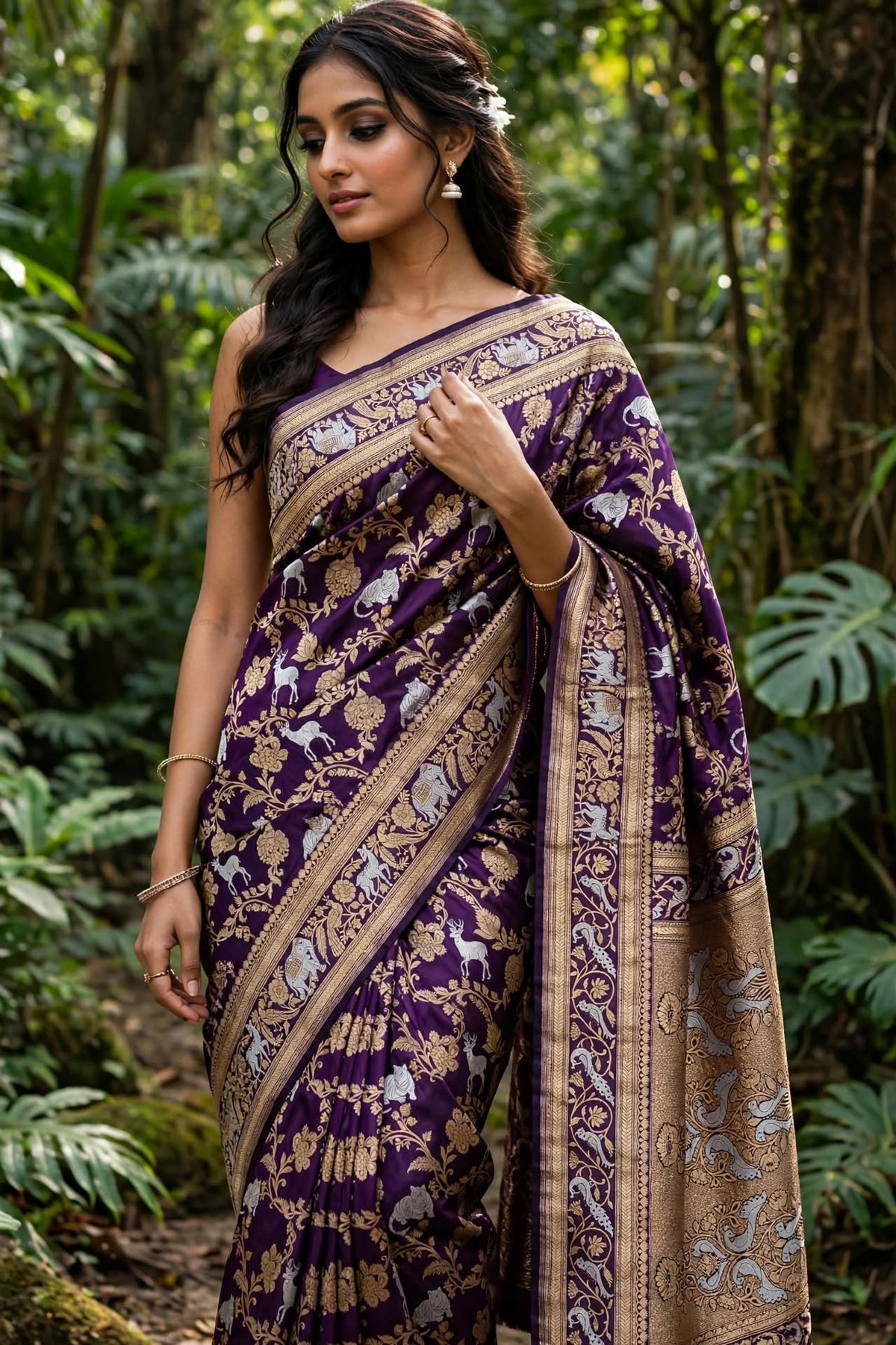 ARANYA - Jamuni Purple Pure Katan Silk Handloom Kadwa Sona-Rupa Shikaargah Banarasi Saree with Deer Tiger Jaal & Heavy Peacock Pallu