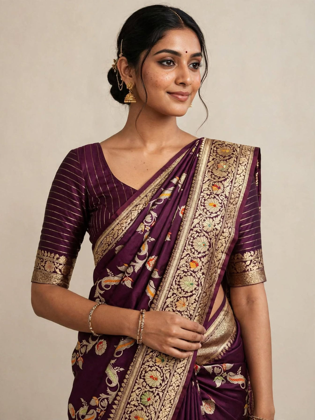 Wine Plum Pure Katan Silk Handloom Kadwa Meenakari Banarasi Saree with Heavy Brocade Pallu & Striped Blouse