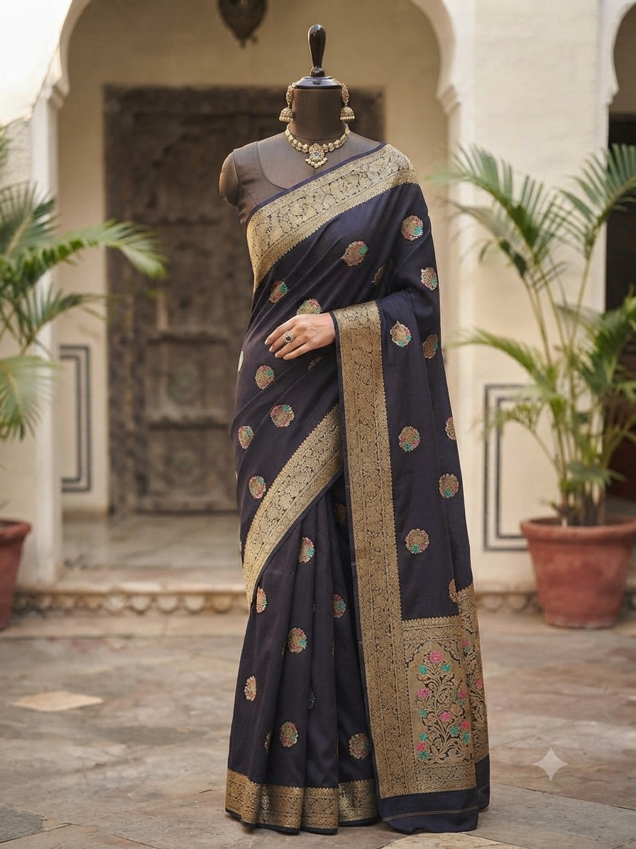 Exquisite Handwoven Pure Katan Silk Banarasi Saree in Black