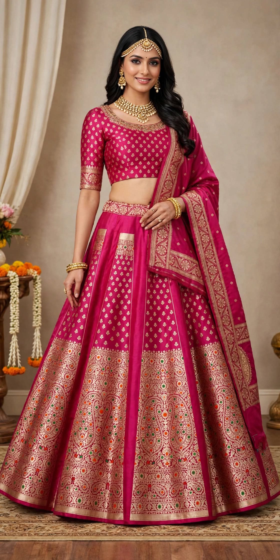 Royal Crimson Pure Katan Silk Handloom Lehenga Set