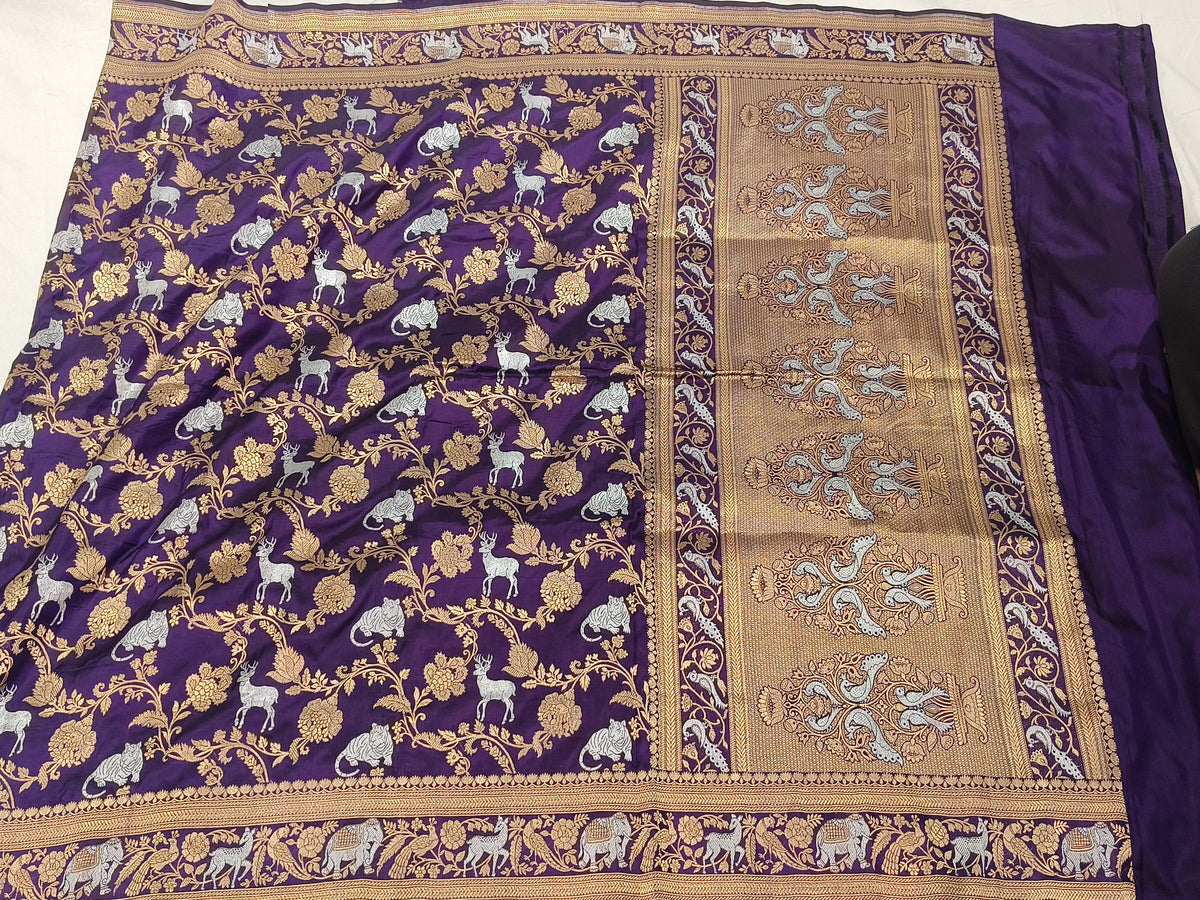 ARANYA - Jamuni Purple Pure Katan Silk Handloom Kadwa Sona-Rupa Shikaargah Banarasi Saree with Deer Tiger Jaal & Heavy Peacock Pallu