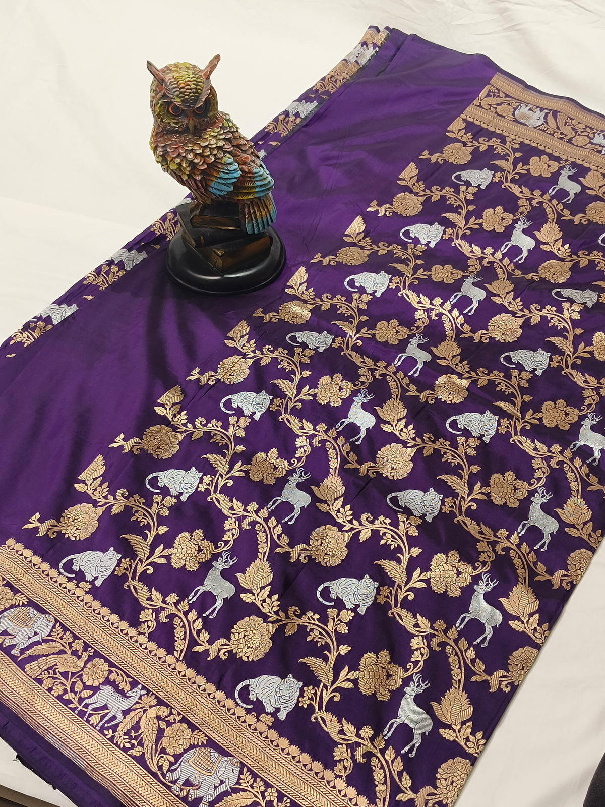 ARANYA - Jamuni Purple Pure Katan Silk Handloom Kadwa Sona-Rupa Shikaargah Banarasi Saree with Deer Tiger Jaal & Heavy Peacock Pallu