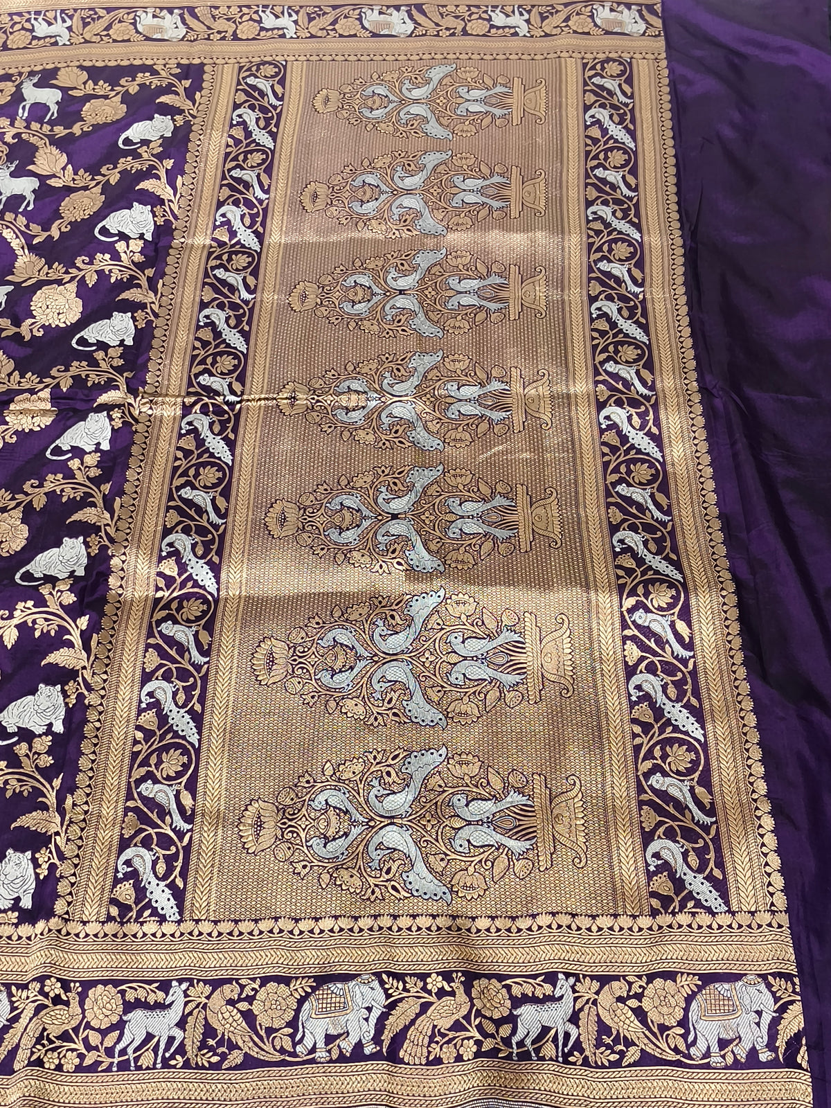 ARANYA - Jamuni Purple Pure Katan Silk Handloom Kadwa Sona-Rupa Shikaargah Banarasi Saree with Deer Tiger Jaal & Heavy Peacock Pallu
