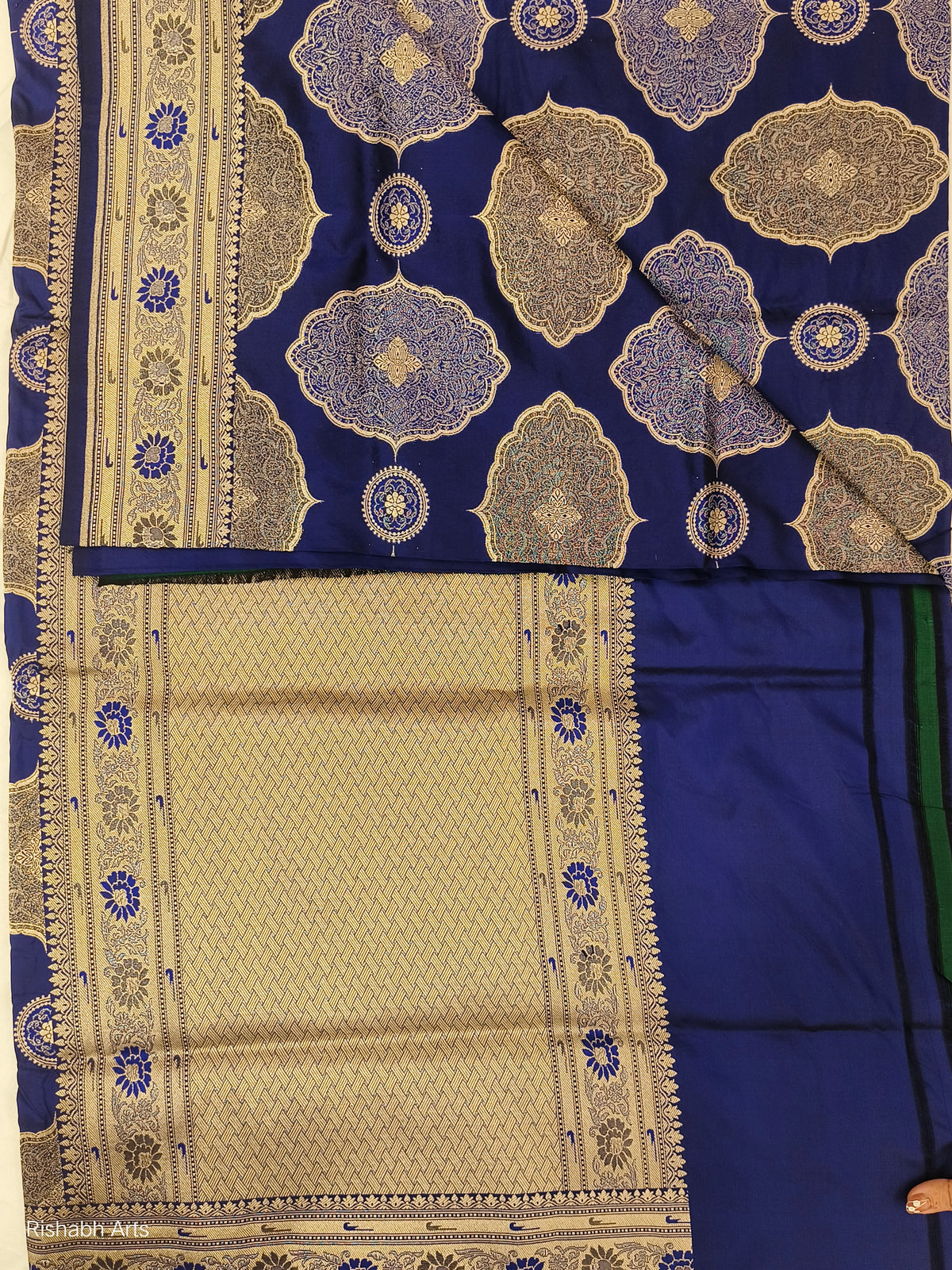 TANTVA Royal Indigo Pure Katan Silk Handloom Banarasi Saree with Large Scalloped Zari Jangla and Meenakari Border