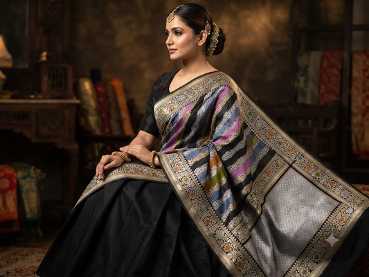 Multicolor Stripe Handloom Pure Katan Silk Kadwa Dupatta with Rich Silver Zari Pallu