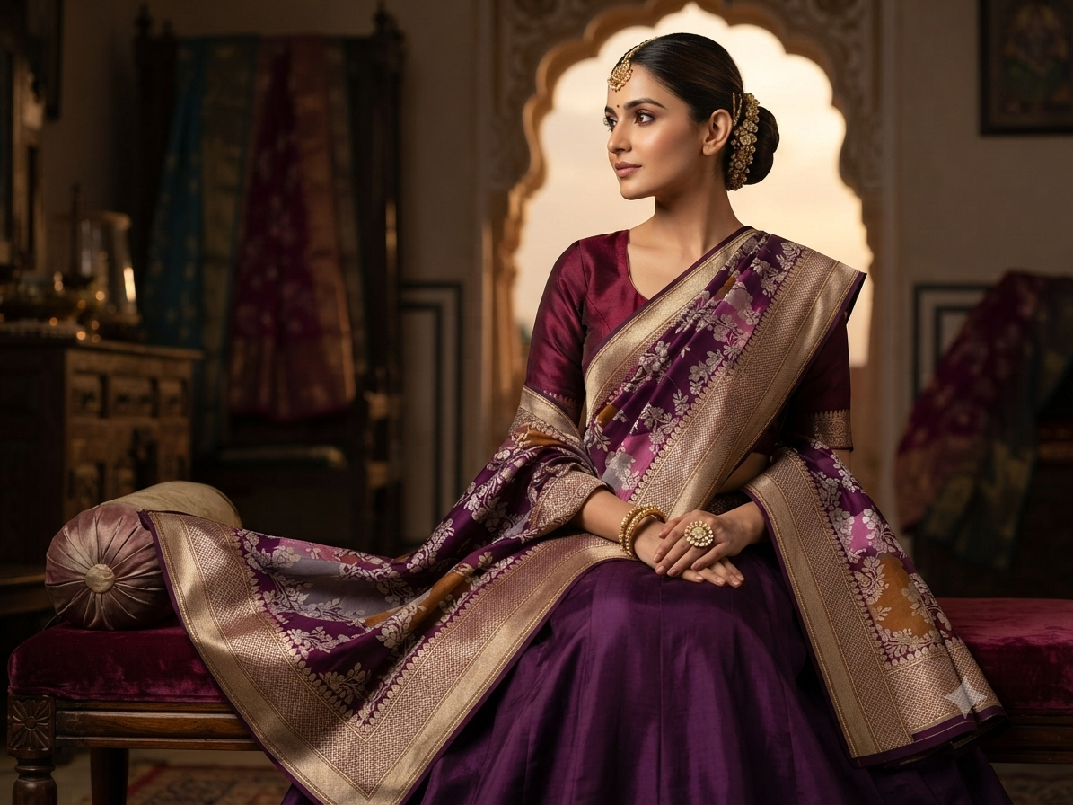 Royal Purple Handloom Pure Katan Silk Kadwa Weave Dupatta with Gold and Silver Floral Jaal