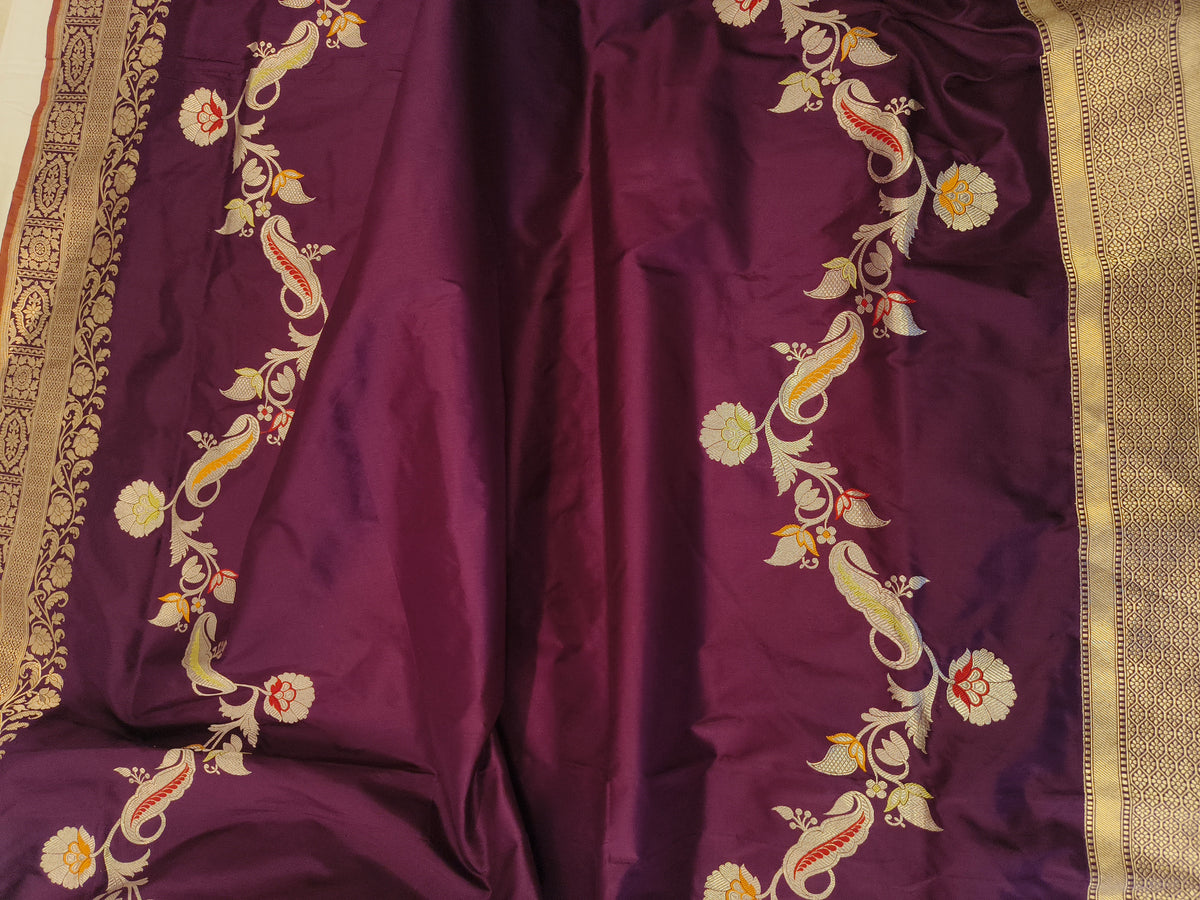 Wine Plum Pure Katan Silk Handloom Kadwa Meenakari Banarasi Saree with Heavy Brocade Pallu & Striped Blouse