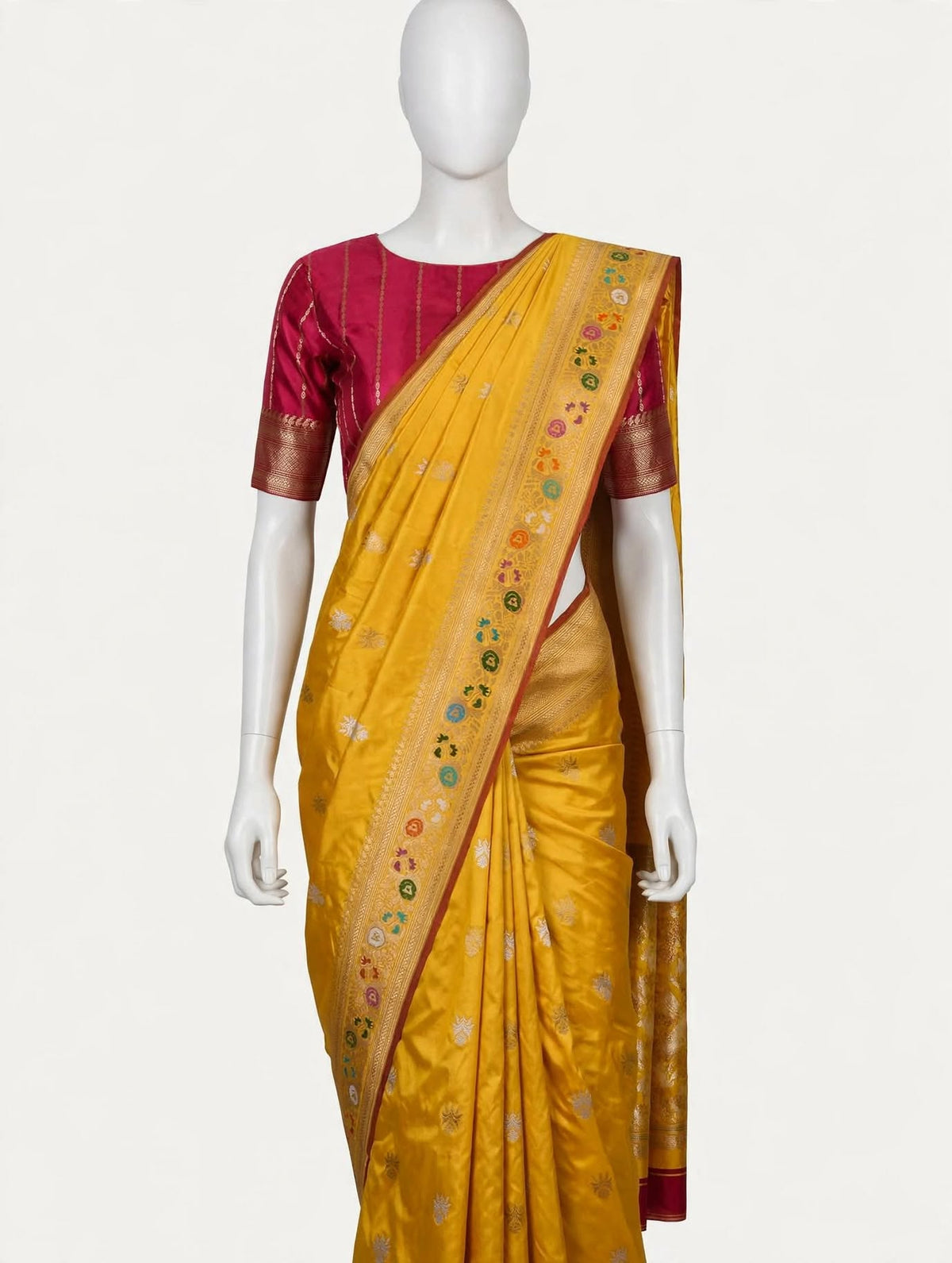 Mustard Yellow Pure Katan Silk Handloom Banarasi Saree with Sona Rupa Kadwa Buti and Meenakari Border - Rani Pink Blouse