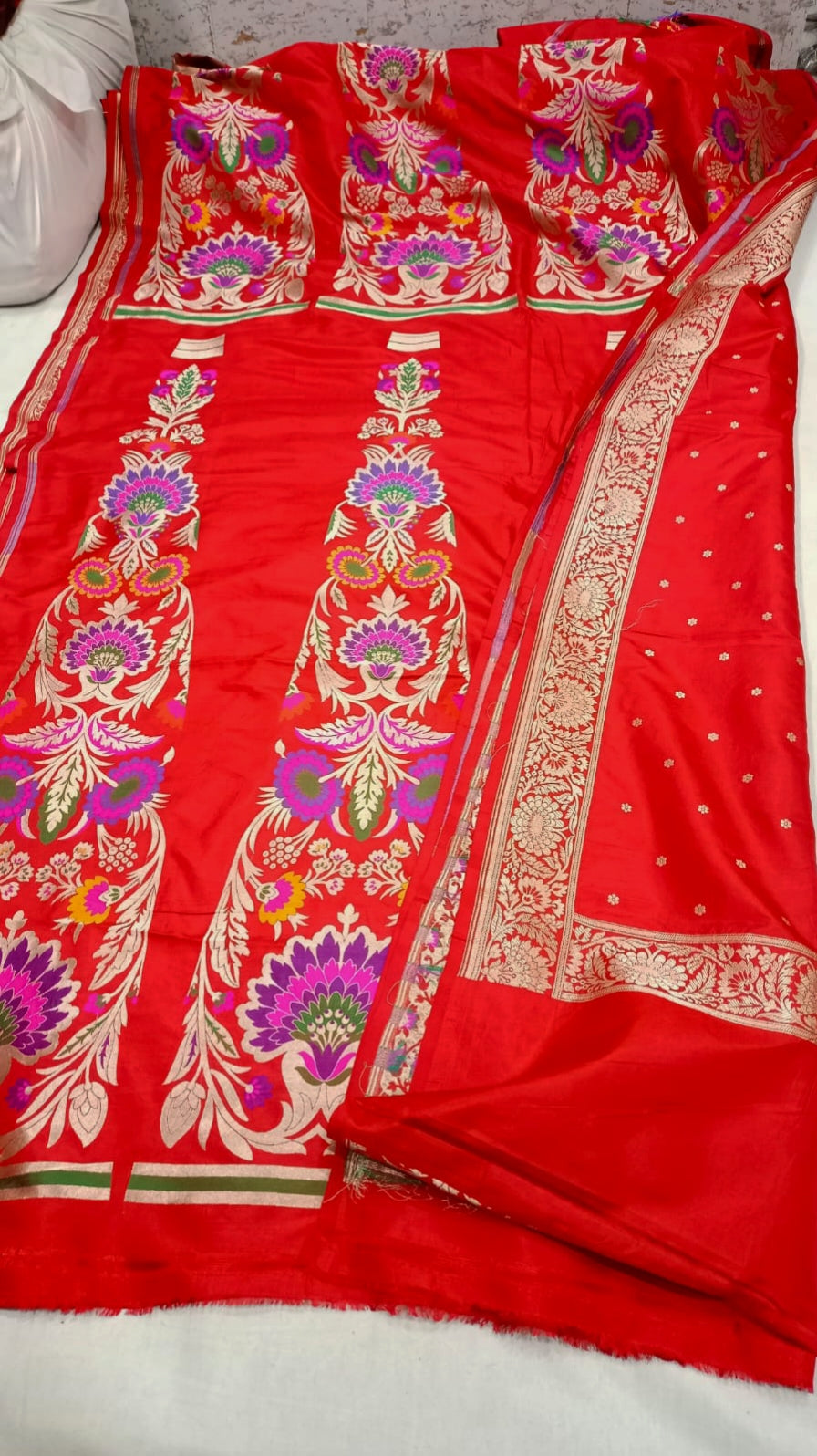 Crimson Red Pure Katan Silk Banarasi Lehenga Choli with Multicolored Floral Zari Motifs